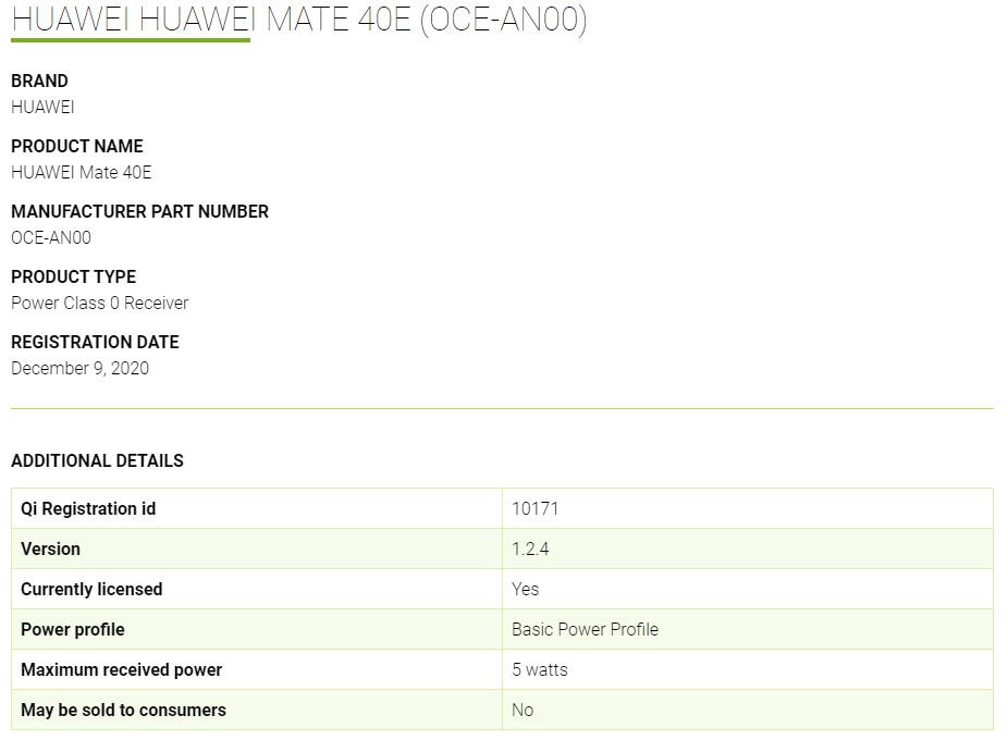 Huawei Mate 40E certificação