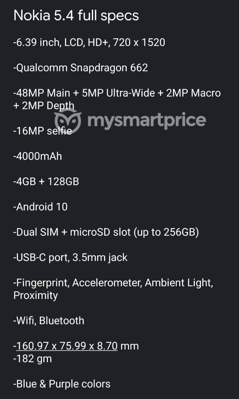 Nokia 5.4 Full Specs Leak