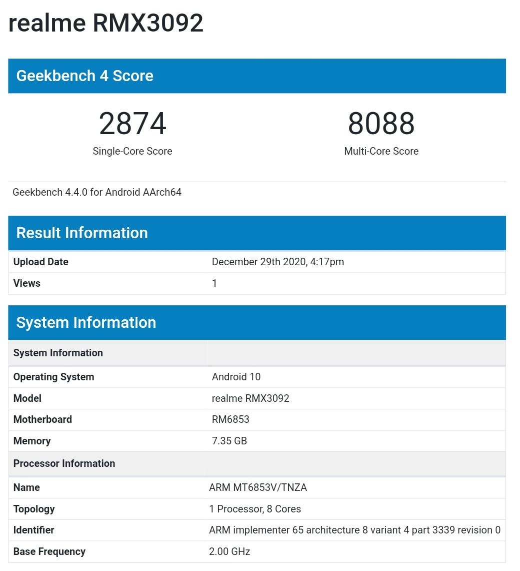 Realme RMX3092 Geekbench