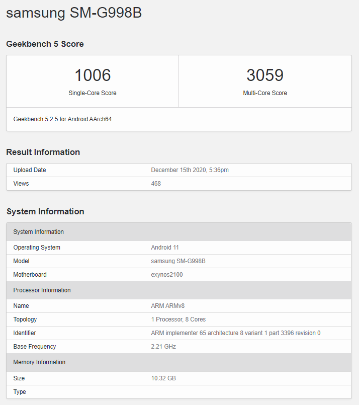 Samsung Galaxy S21 Ultra 5G Geekbench