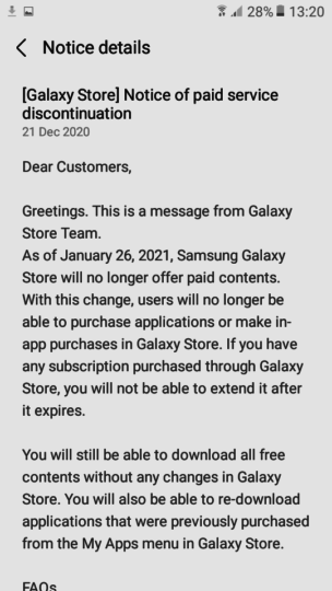 Galaxy Store paid apps notice