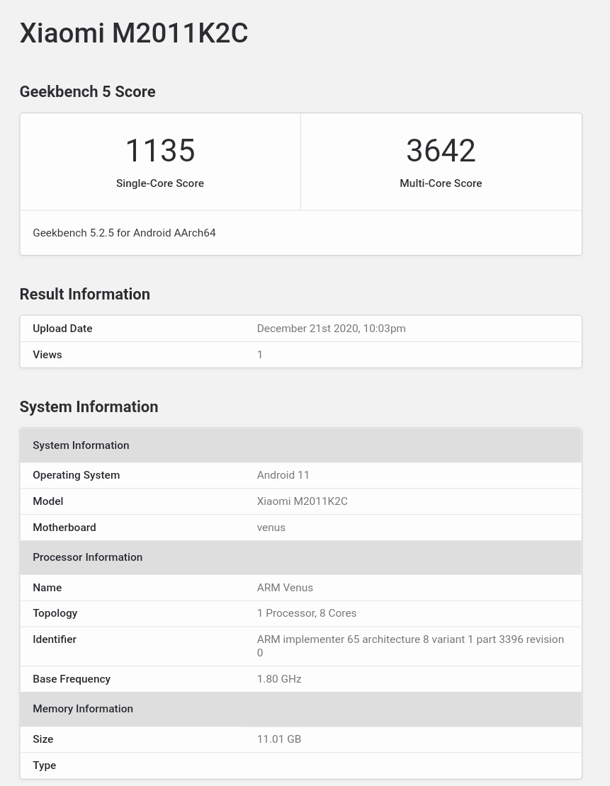 Xiaomi mi 11 GeekBench