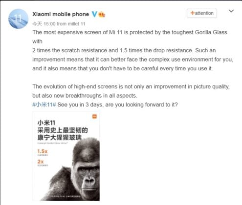 Xiaomi Mi 11 confirmed to featured Corning Gorilla Glass Victus with 2x scratch resistance 5