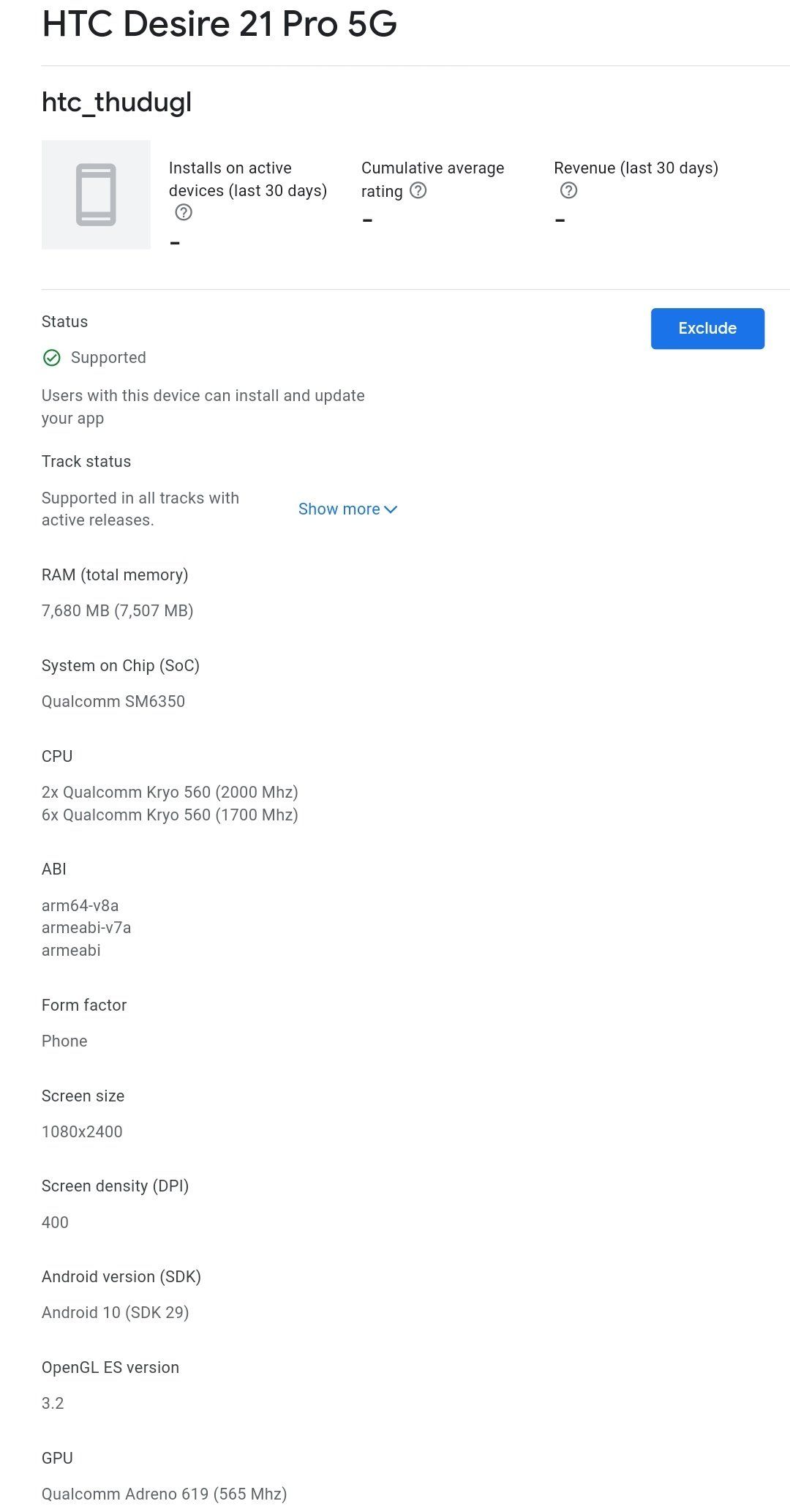 HTC Desire 21 Pro 5G Google Play Console listing