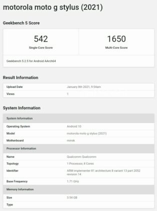 Moto G Stylus (2021) with new Snapdragon 678 chip emerge at Geekbench 4