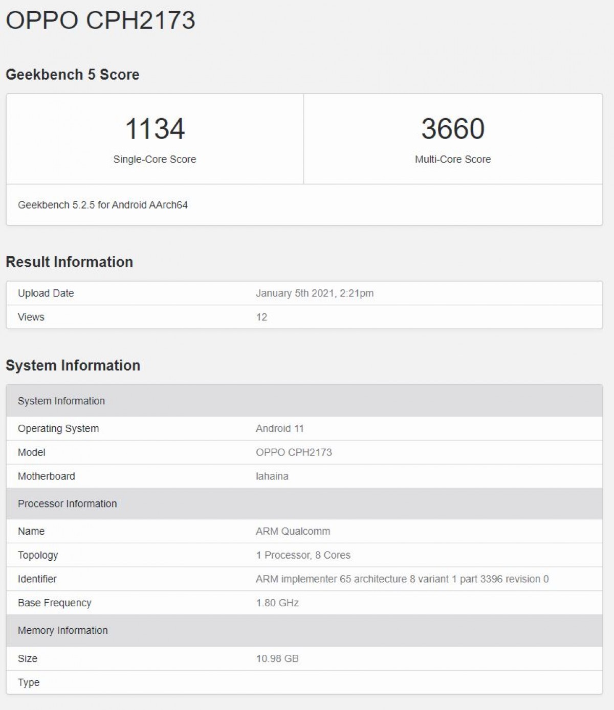 OPPO Find X3 CPH2173 Geekbench