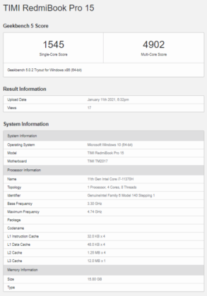 RedmiBook Pro 15 and Pro 15S specifications appear at Geekbench, may launch soon 6 RedmiBook Pro 15 Intel Core i7