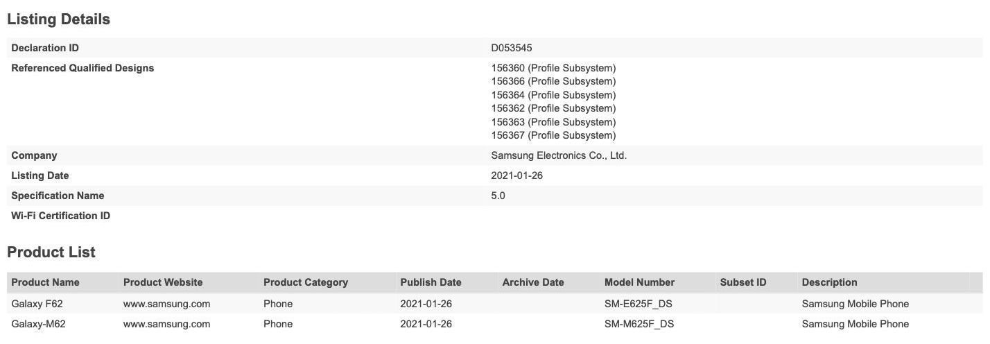 Samsung Galaxy F62 and Galaxy M62 Bluetooth SIG certified