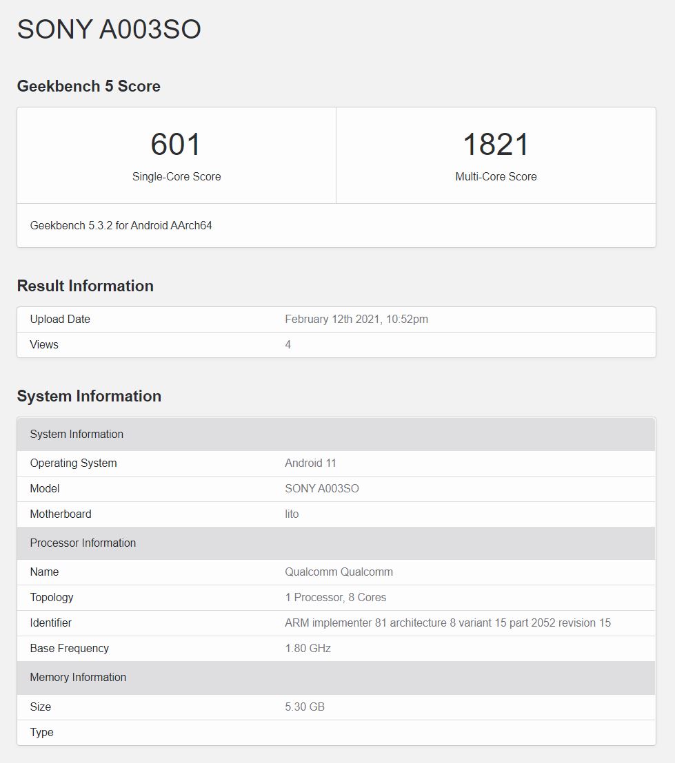 Alleged Sony Xperia I 111 Geekbench