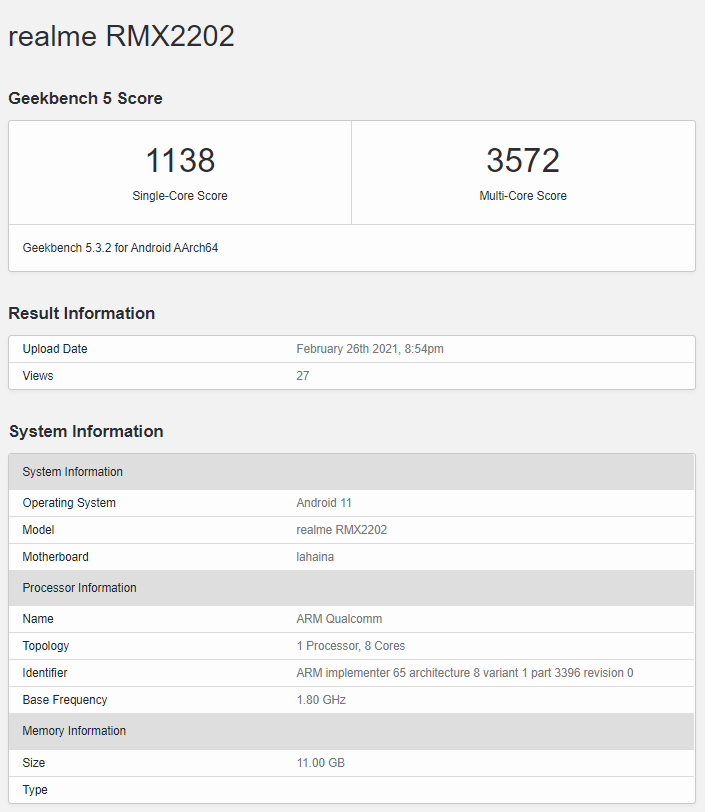 Realme RMX2202 Geekbench