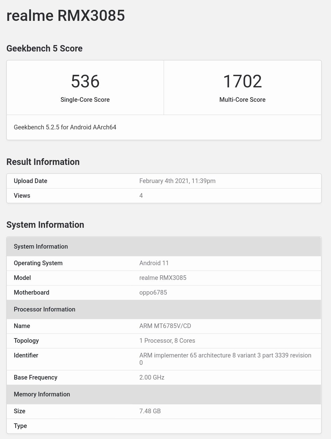 Realme RMX3085 Geekbench