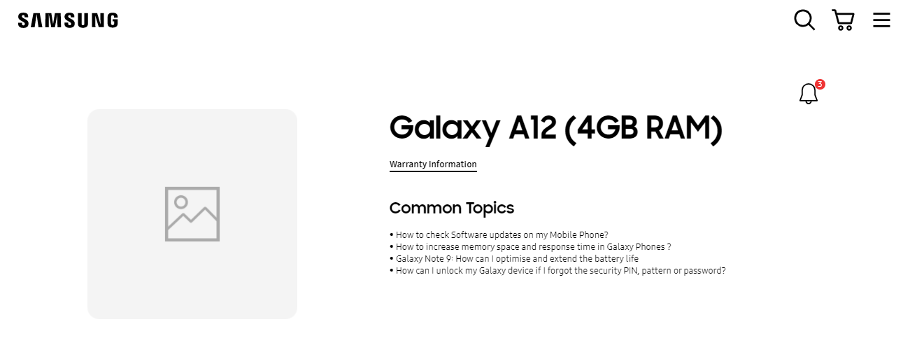 Samsung Galaxy A12 support page, user manual appears before launch in