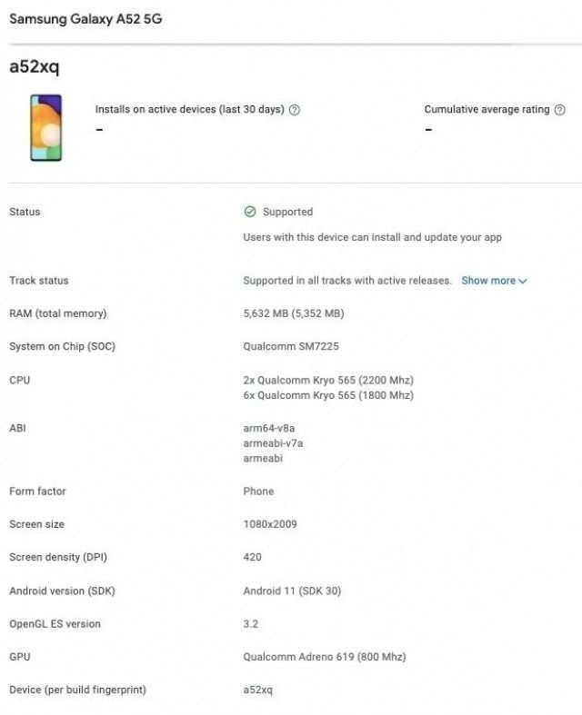 Samsung Galaxy A52 5G Google Play Console