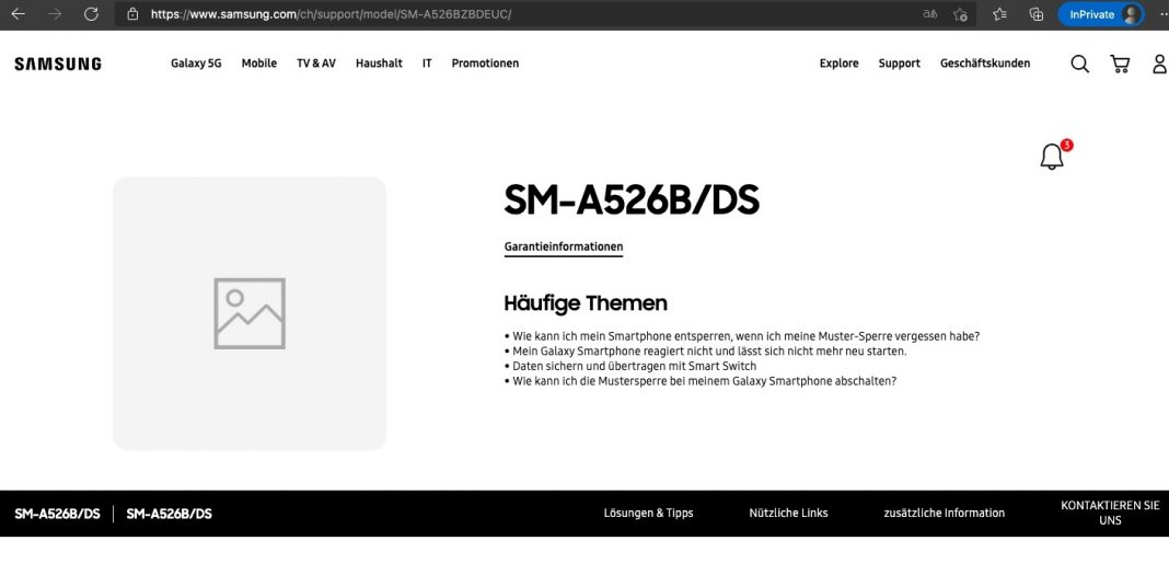 Samsung Galaxy A12 support page, user manual appears before launch in