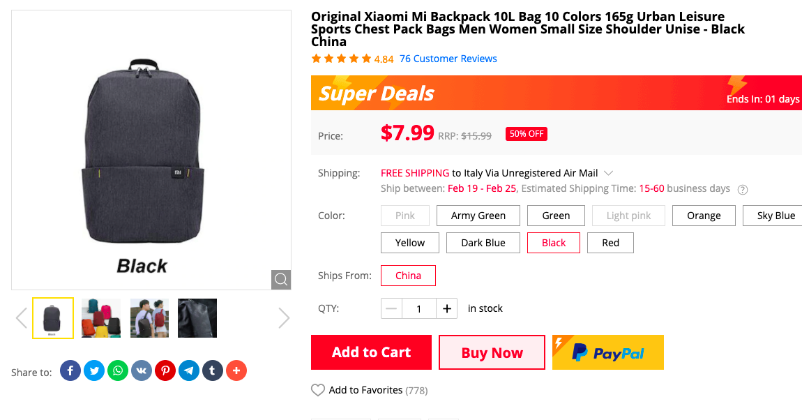 Original Xiaomi Mi Backpack 10L (Black) is just 7.99 for a day