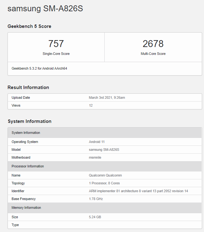 Galaxy A82 Geekbench