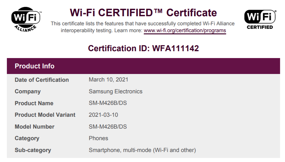 Samsung Galaxy M42 5G Wi-Fi Alliance