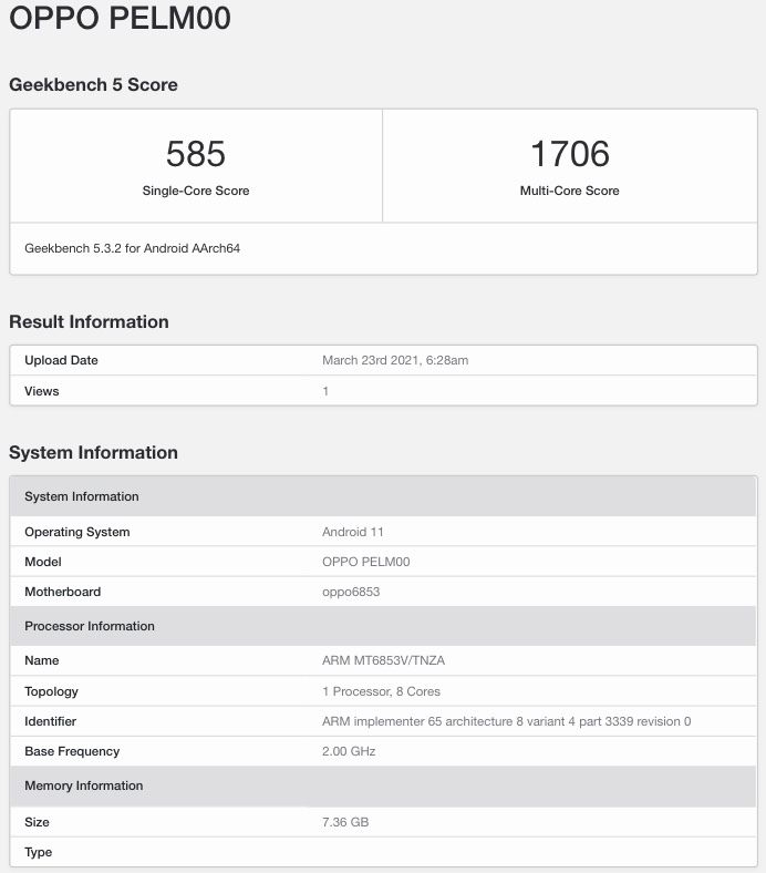 Alleged OPPO Reno5 Lite at Geekbench