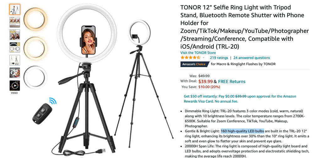 Tonor 12” Selfie Ring Light