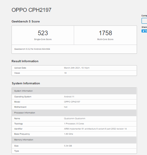 Oppo A74 5G GeekBench