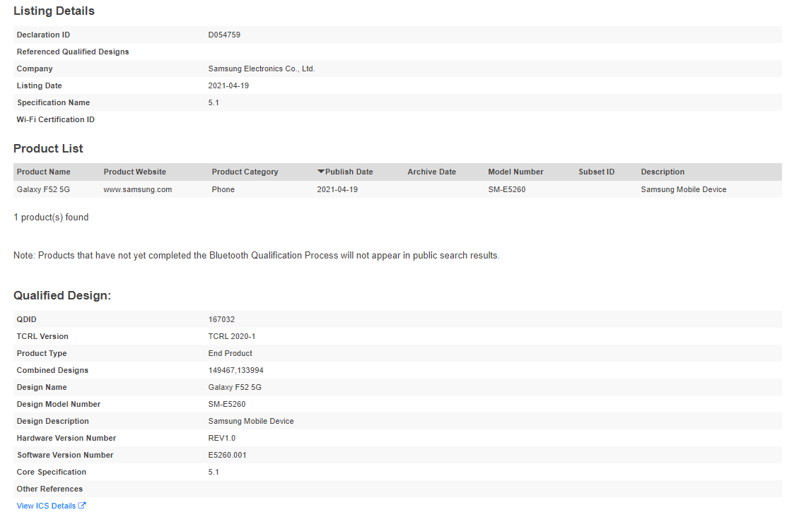 Galaxy F52 Bluetooth SIG