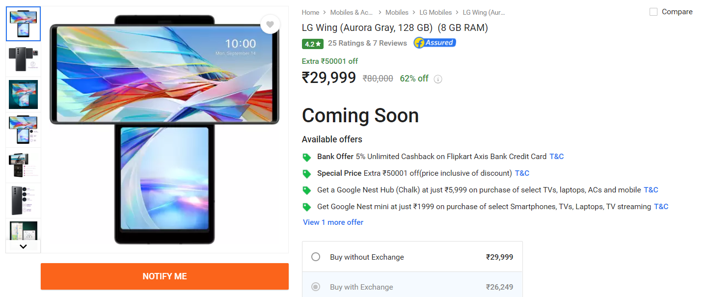 LG Wing Flipkart listing