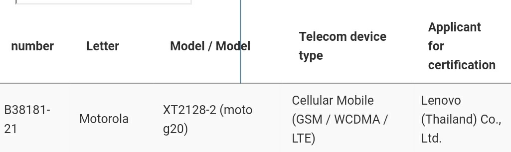 Moto G20 NBTC