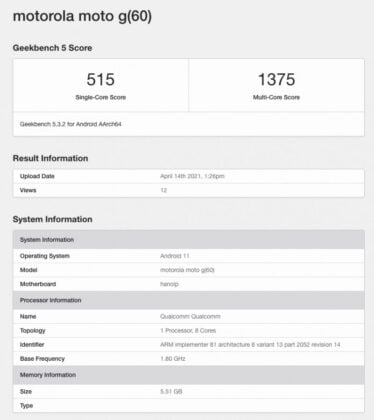 Moto G60 Geekbench