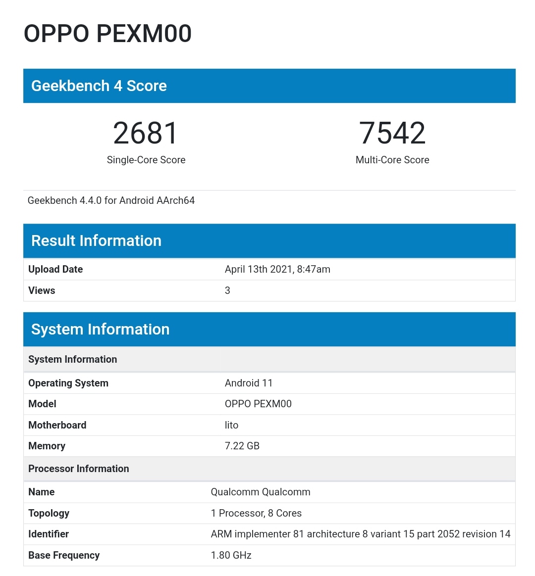 OPPO PEXM00 Geekbench