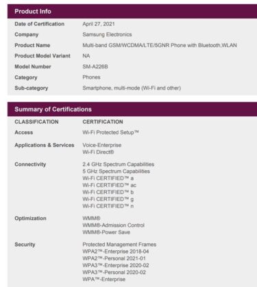 Samsung Galaxy A22 5G Wi-Fi Alliance 1