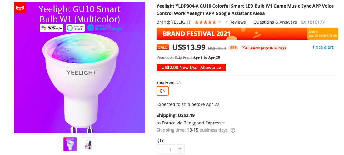 Yeelight Gu10 Smart LED bulb