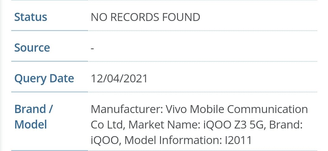iQOO Z3 5G IMEI listing