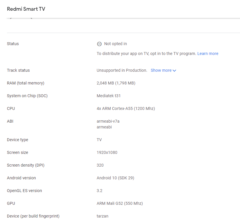 Redmi Smart TV Google Play Listing