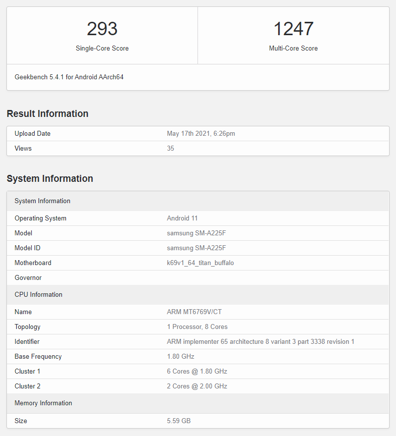 Samsung Galaxy A22 4G Geekbench