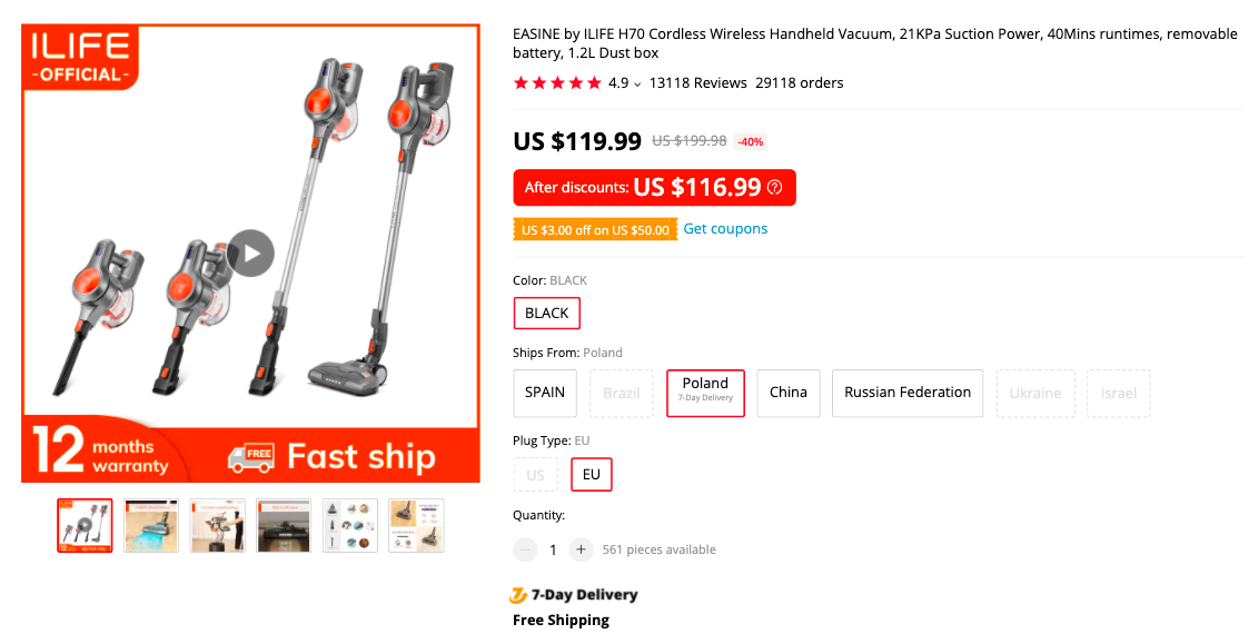 EASINE by ILife H70 Cordless Stick Vacuum Cleaner