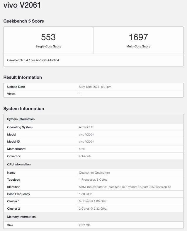 Vivo V2061 purported to be the V21 SE spotted on Geekbench database ...