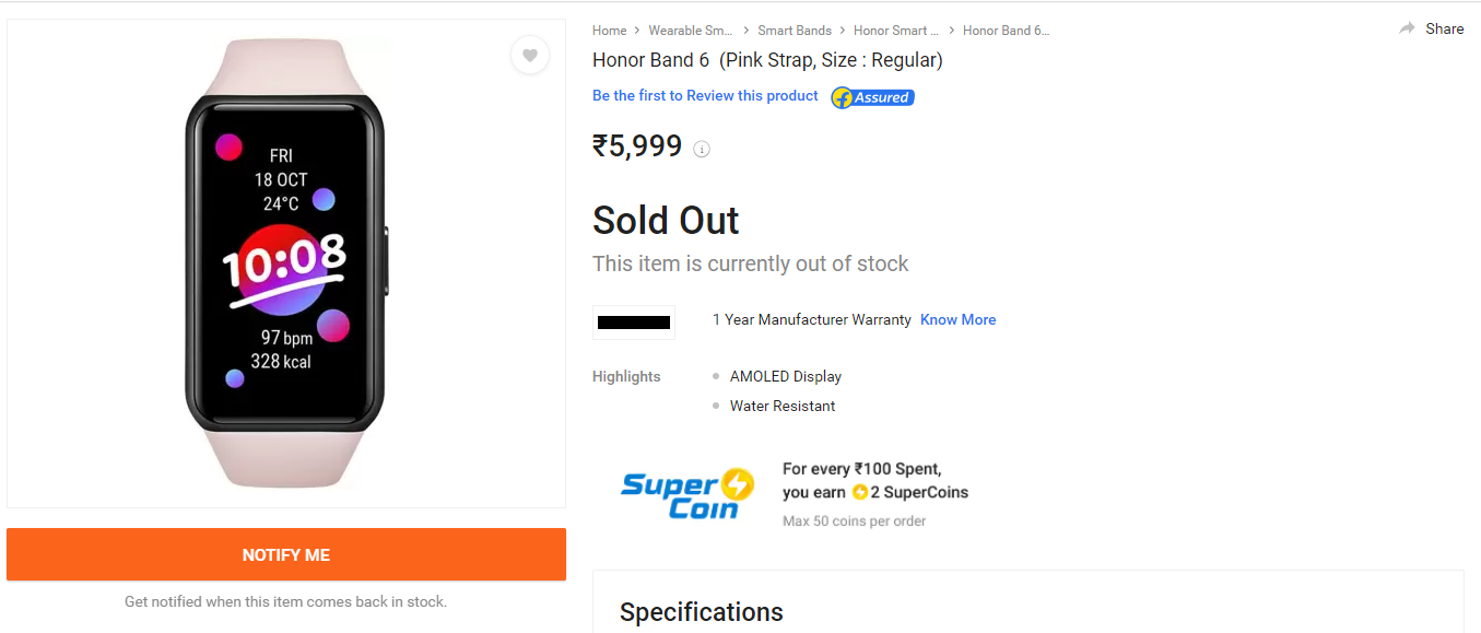 Honor Band 6 Flipkart listing