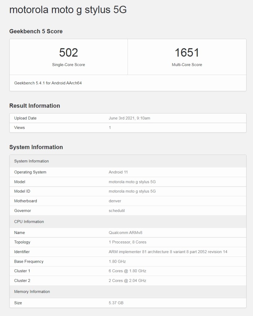Moto G Stylus 5G Geekbench