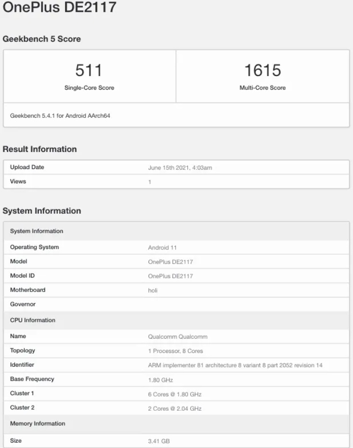 OnePlus Nord N200 5G Geekbench