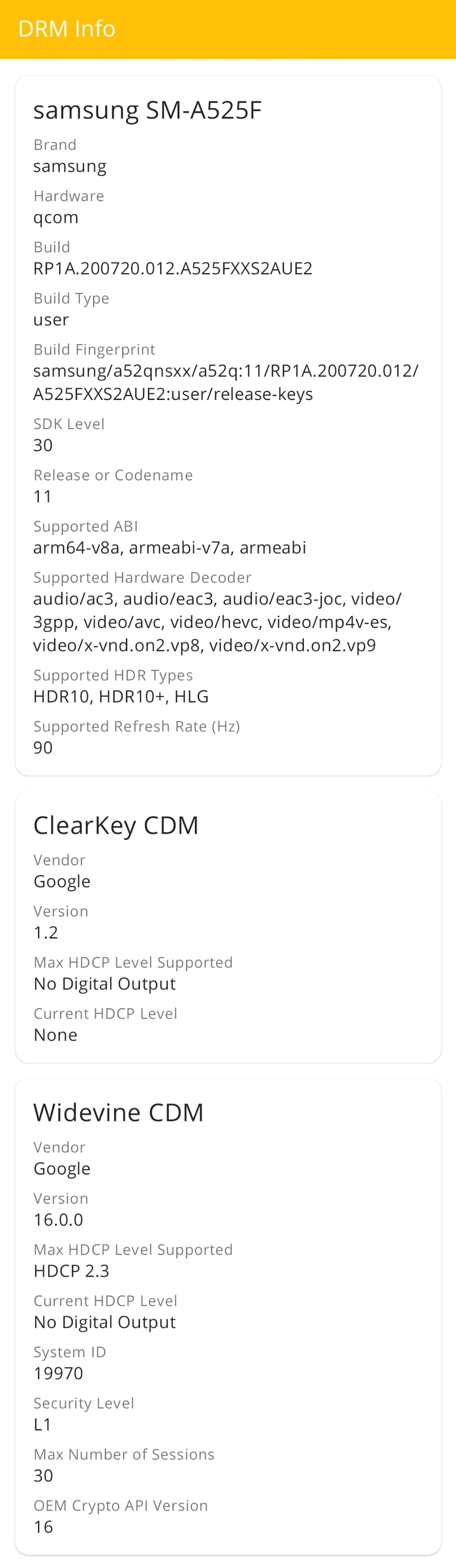 Samsung Galaxy A52 SM-A525F DRM Info