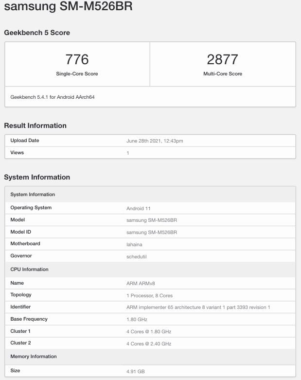 Samsung Galaxy M52 5G Geekbench