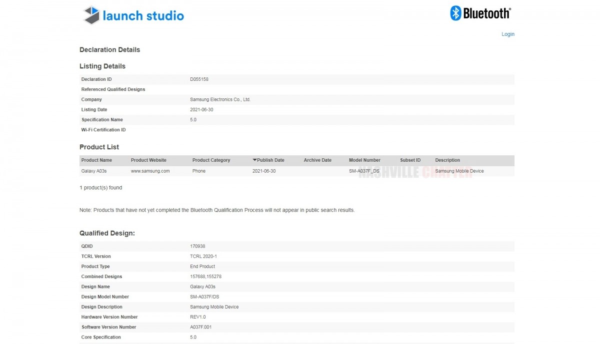 Samsung Galaxy A03s Bluetooth SIG