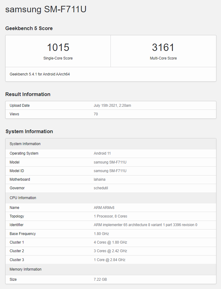 Samsung Galaxy Z Flip3 5G Geekbench