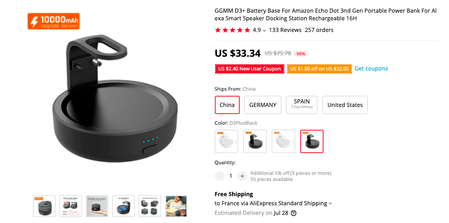  GGMM D3+ Portable Battery for Echo Dot 3