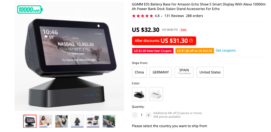  GGMM ES5 Battery Base for Echo Show 5