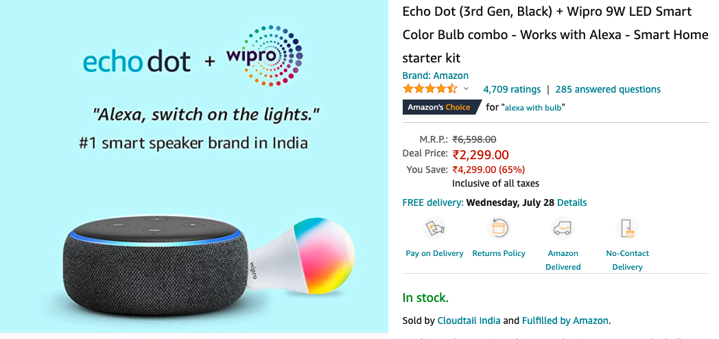Amazon Echo Dot 3rd Gen Speaker + Wipro 9W LED Smart Color Bulb