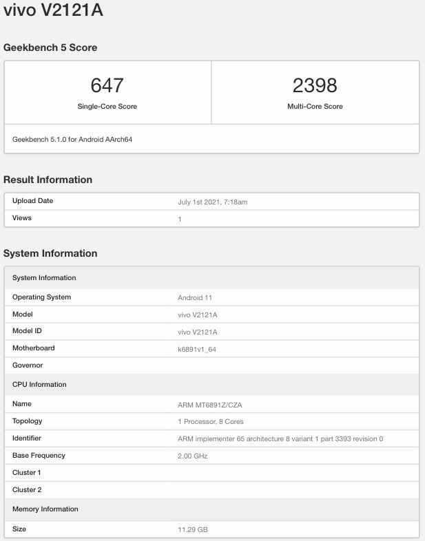 Vivo S10 (V2121A) Geekbench