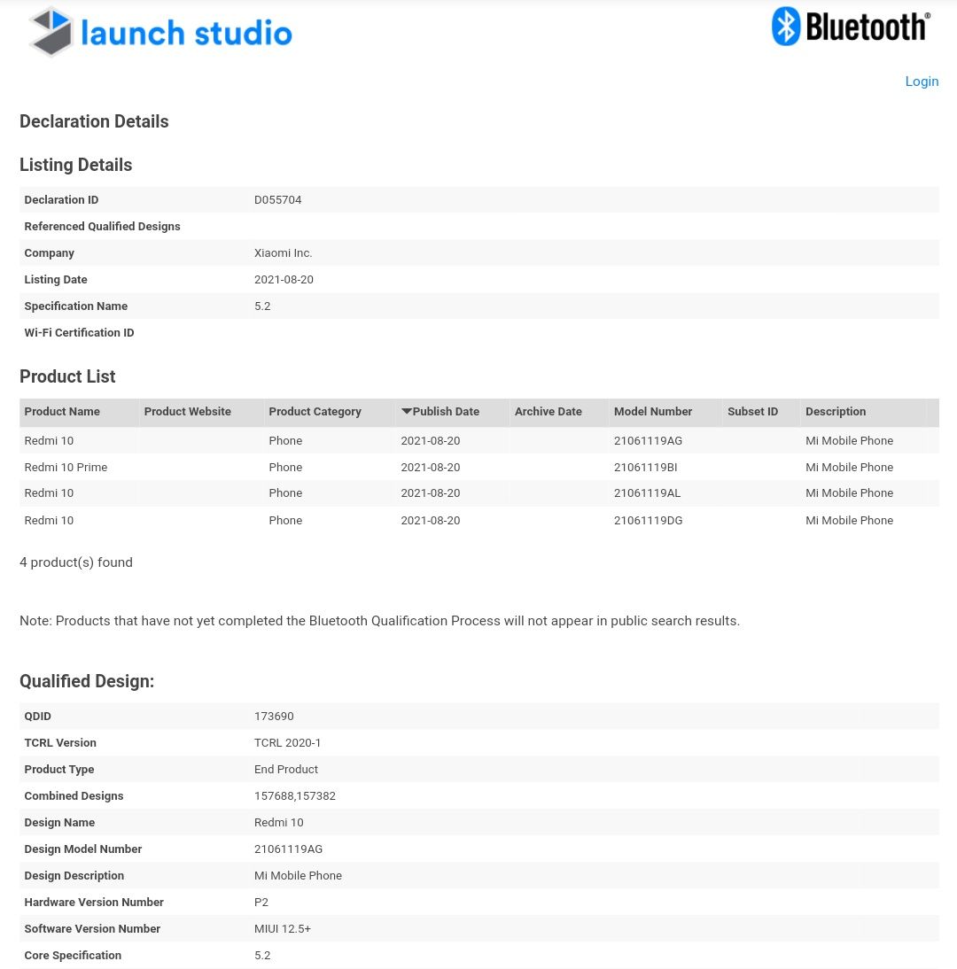 Redmi 10 Prime Bluetooth SIG