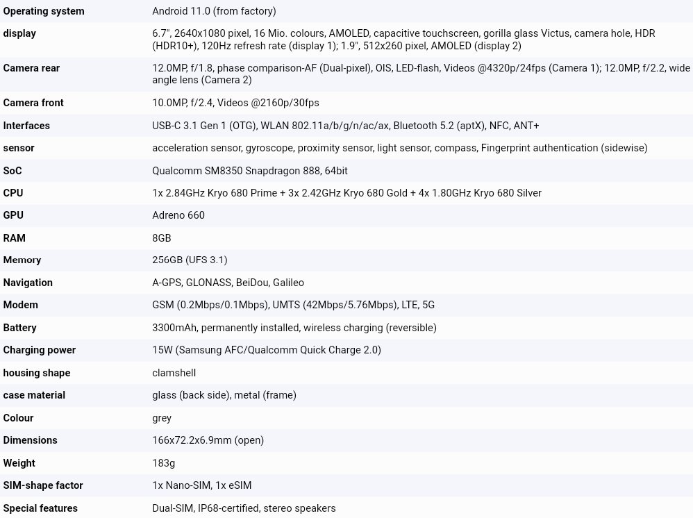 Samsung Galaxy Z Flip3 specs sheet