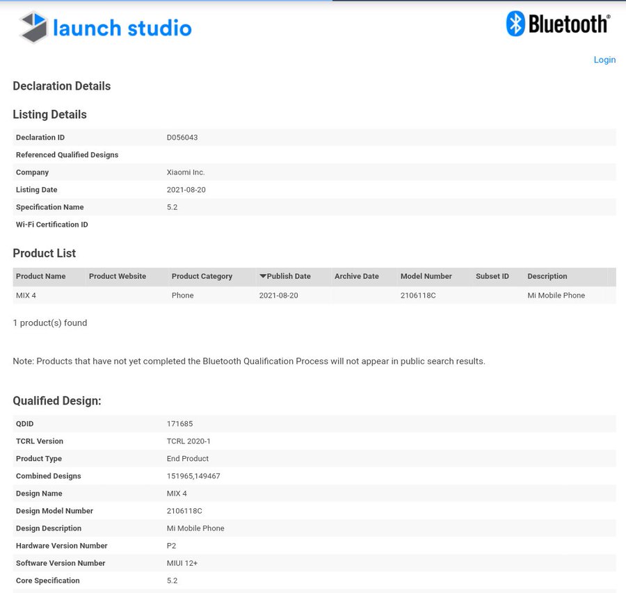 Xiaomi Mi MIX 4 Bluetooth SIG listing